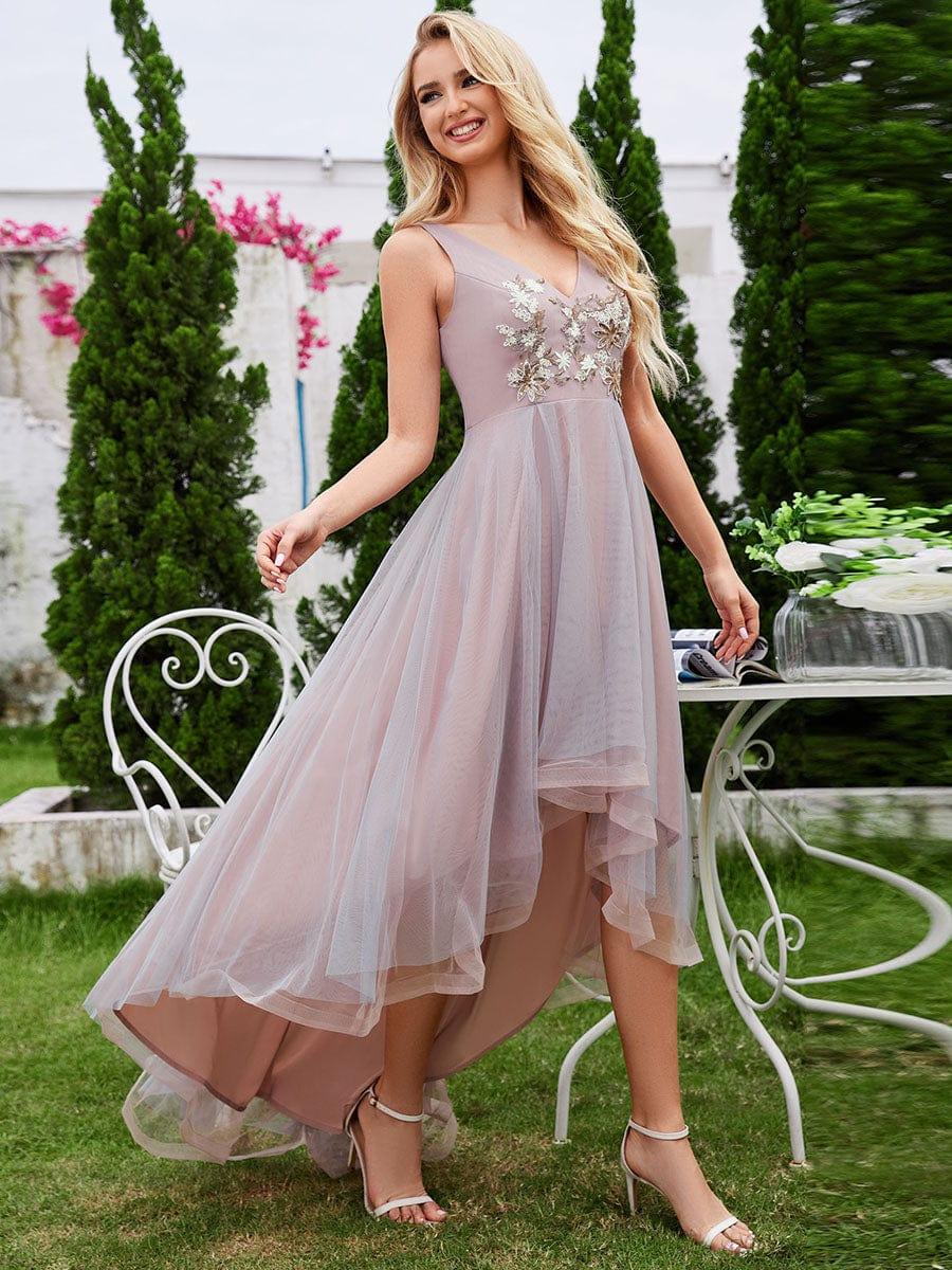 Elegant Sleeveless V-Neck High-Low Tulle Evening Dress with Embroidered Appliques #color_Pink