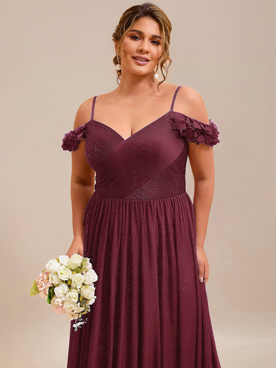 Sparkling V-Neck Floral Cold-Shoulder Evening Dress with Pleated #color_Burgundy