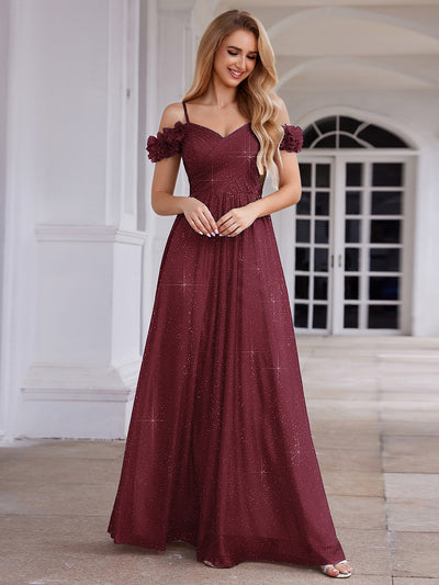 Sparkling V-Neck Floral Cold-Shoulder Evening Dress with Pleated #color_Burgundy