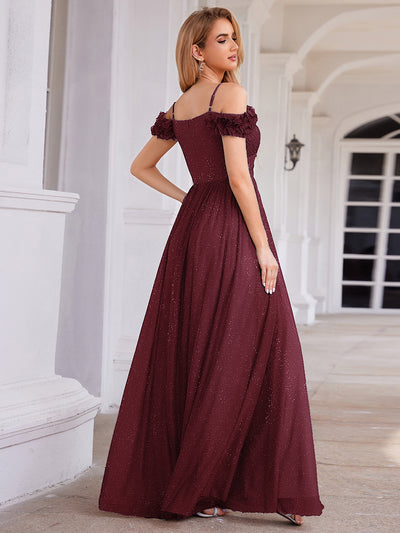 Sparkling V-Neck Floral Cold-Shoulder Evening Dress with Pleated #color_Burgundy