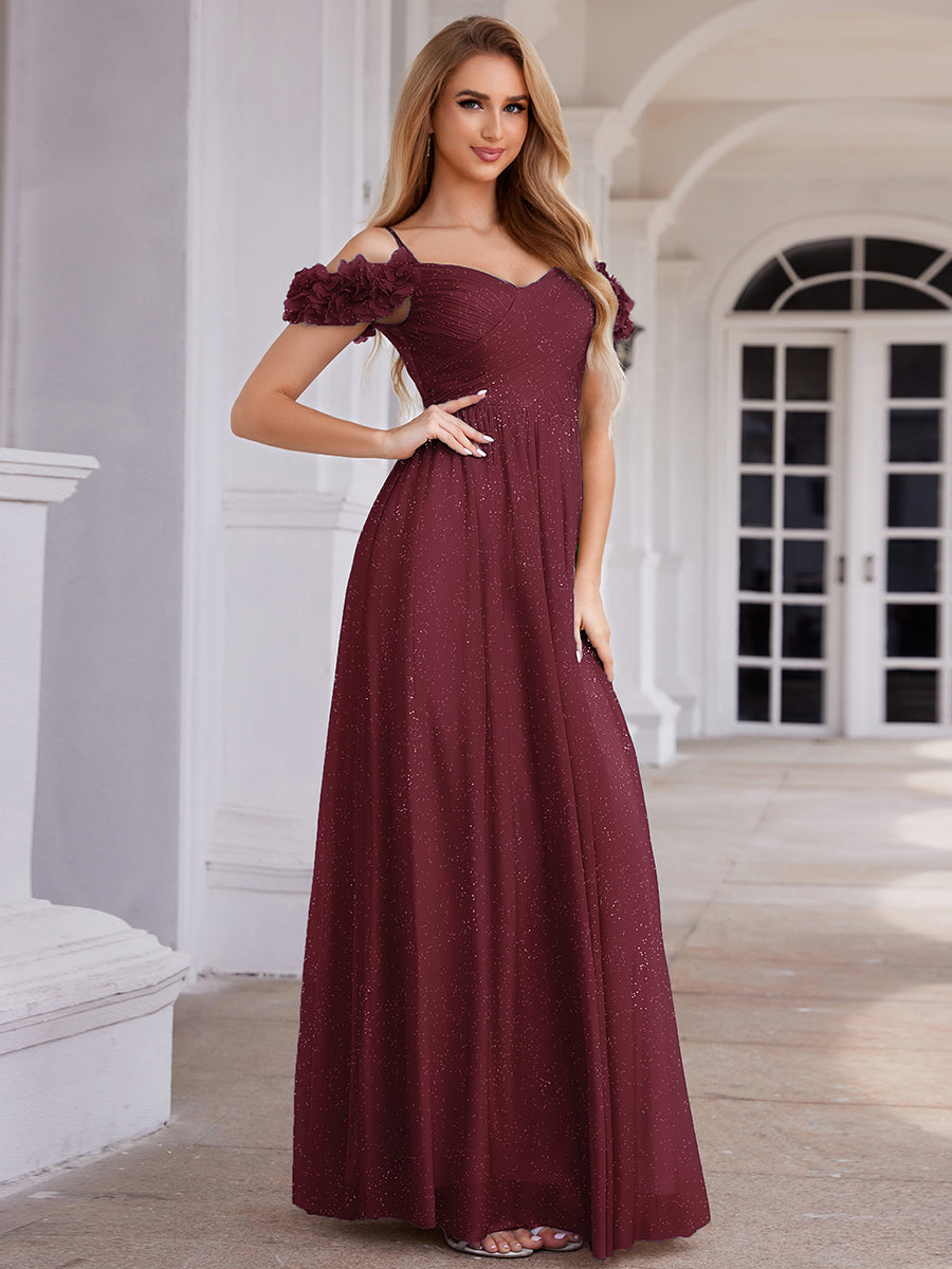 Sparkling V-Neck Floral Cold-Shoulder Evening Dress with Pleated #color_Burgundy