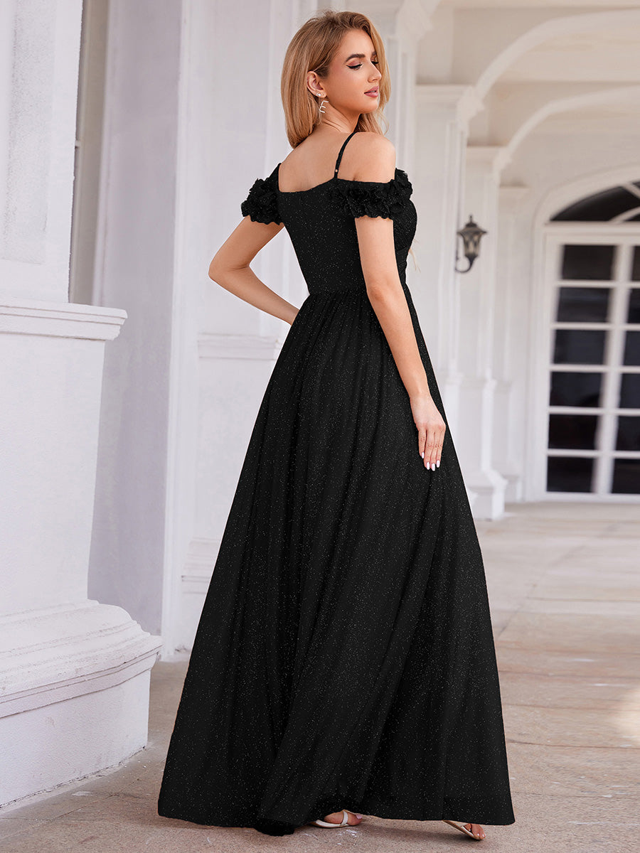 Sparkling V-Neck Floral Cold-Shoulder Evening Dress with Pleated #color_Black