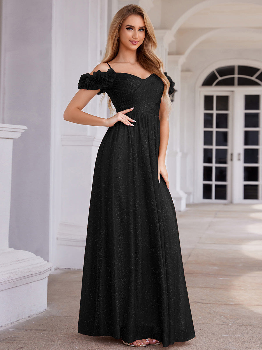 Sparkling V-Neck Floral Cold-Shoulder Evening Dress with Pleated #color_Black