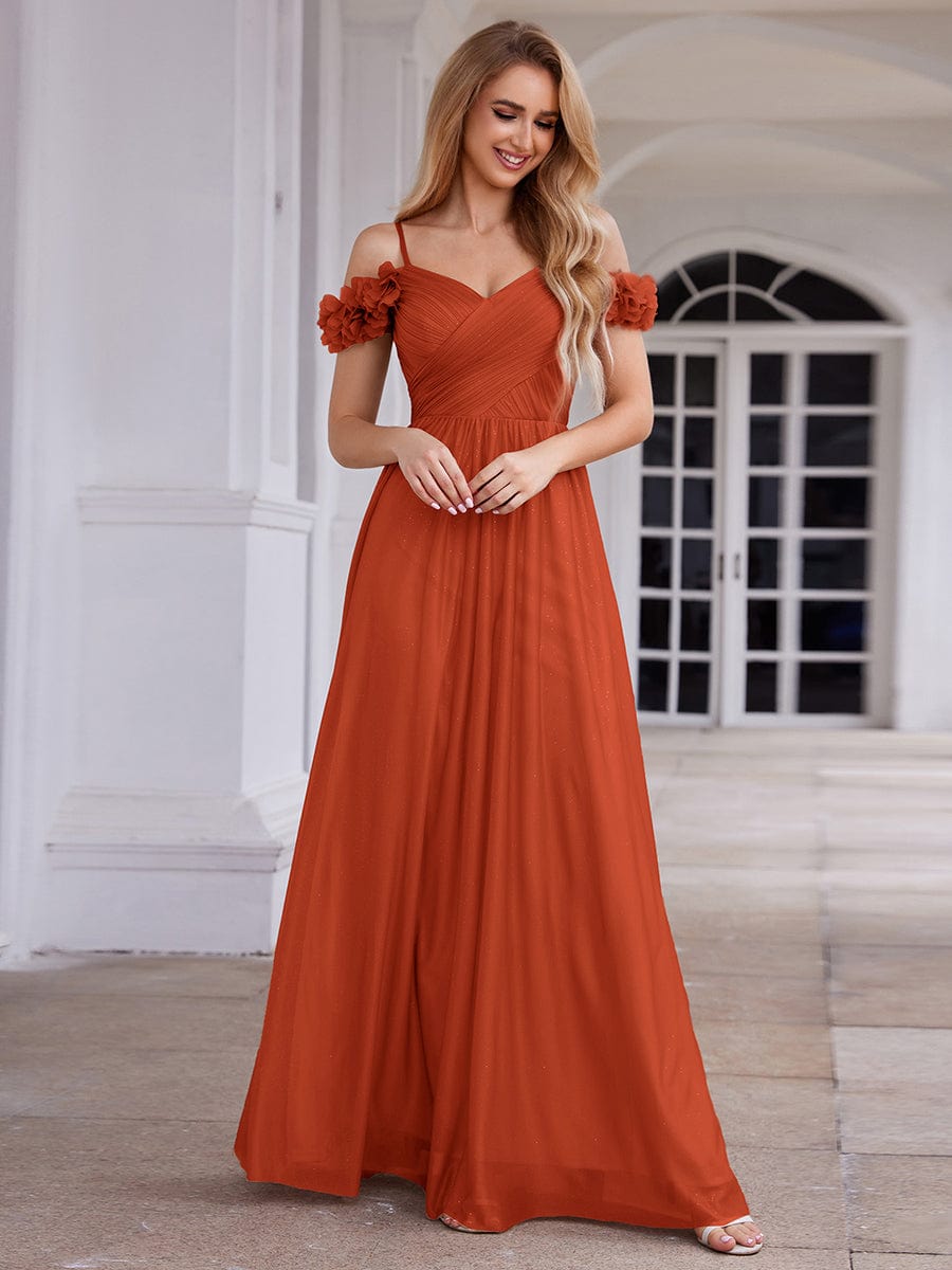 Sparkling V-Neck Floral Cold-Shoulder Evening Dress with Pleated #color_Burnt Orange