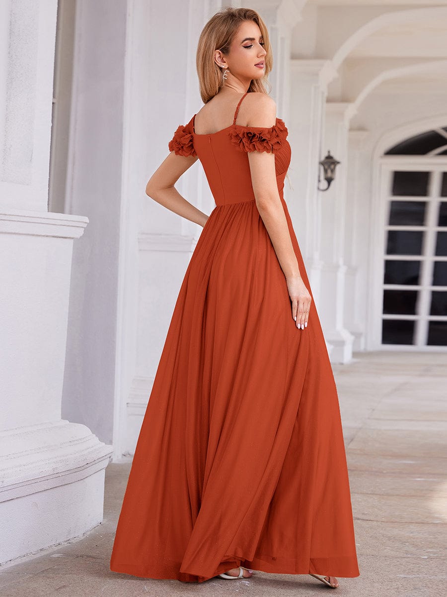 Sparkling V-Neck Floral Cold-Shoulder Evening Dress with Pleated #color_Burnt Orange