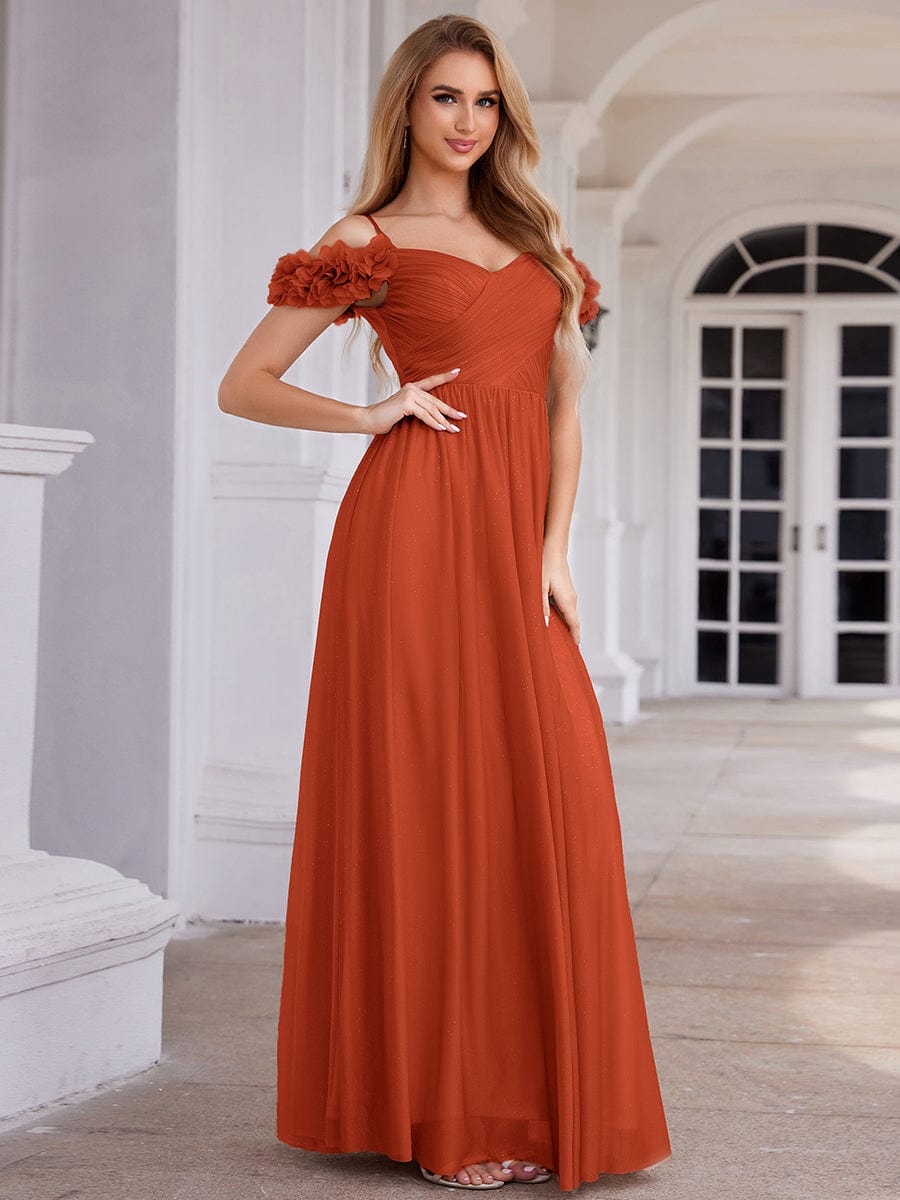 Sparkling V-Neck Floral Cold-Shoulder Evening Dress with Pleated #color_Burnt Orange