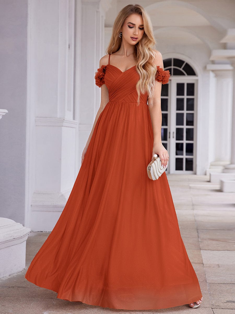 Sparkling V-Neck Floral Cold-Shoulder Evening Dress with Pleated #color_Burnt Orange