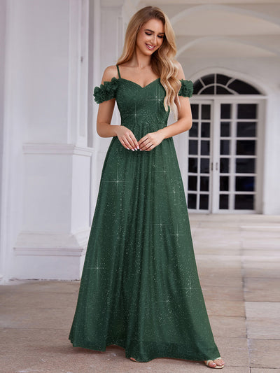 Sparkling V-Neck Floral Cold-Shoulder Evening Dress with Pleated #color_Dark Green