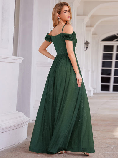 Sparkling V-Neck Floral Cold-Shoulder Evening Dress with Pleated #color_Dark Green