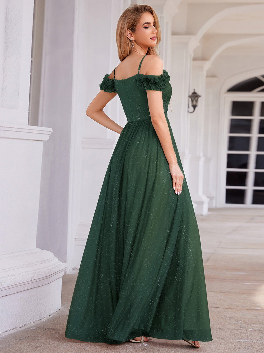 Sparkling V-Neck Floral Cold-Shoulder Evening Dress with Pleated #color_Dark Green