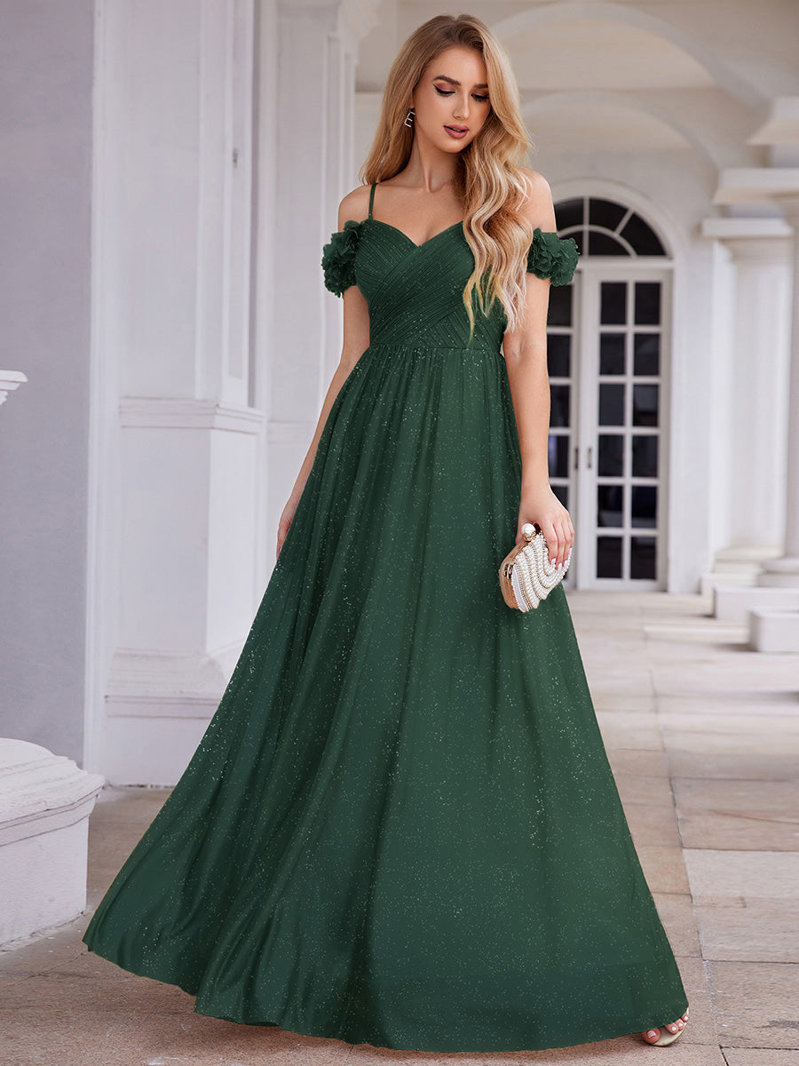 Sparkling V-Neck Floral Cold-Shoulder Evening Dress with Pleated #color_Dark Green