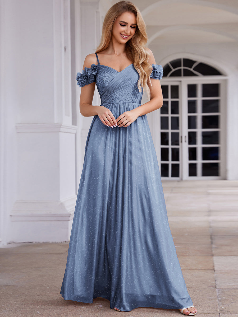 Sparkling V-Neck Floral Cold-Shoulder Evening Dress with Pleated #color_Dusty Blue