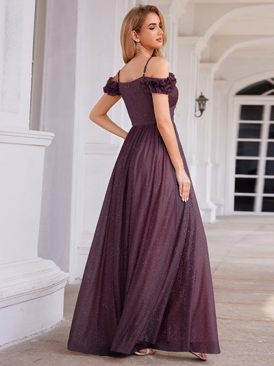 Sparkling V-Neck Floral Cold-Shoulder Evening Dress with Pleated #color_Dark Purple