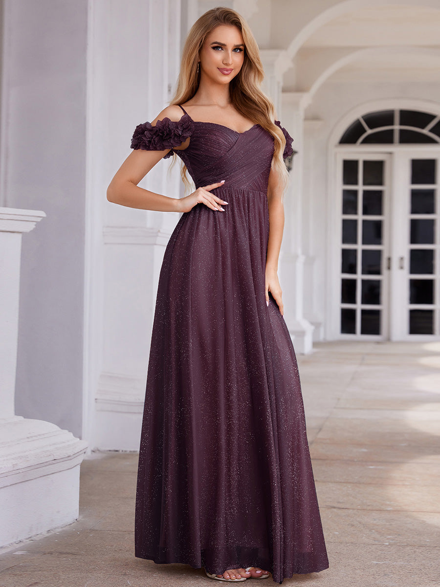 Sparkling V-Neck Floral Cold-Shoulder Evening Dress with Pleated #color_Dark Purple