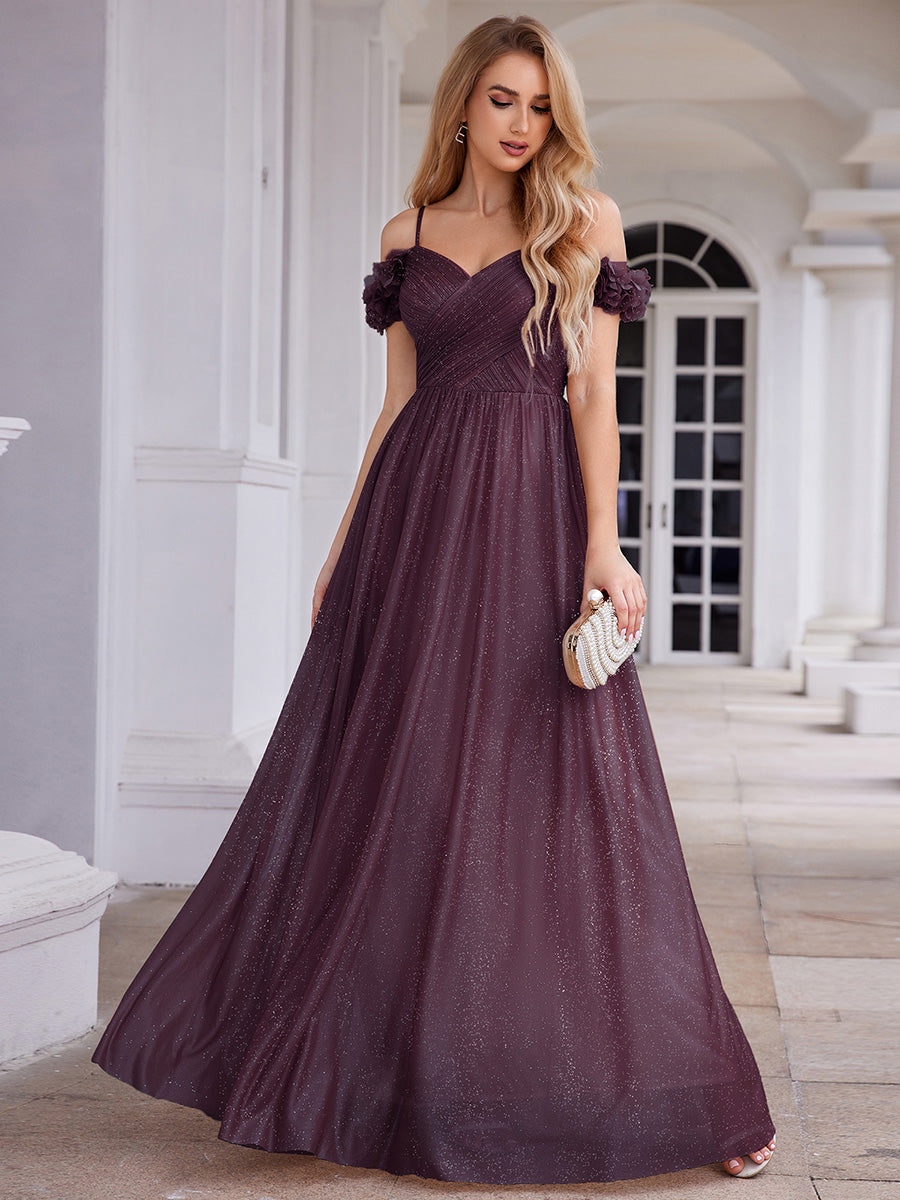 Sparkling V-Neck Floral Cold-Shoulder Evening Dress with Pleated #color_Dark Purple