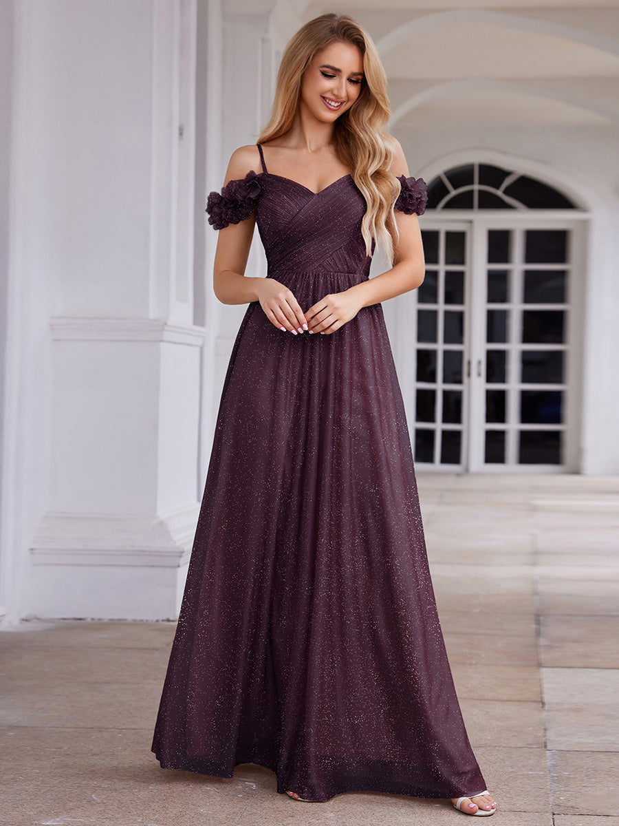 Sparkling V-Neck Floral Cold-Shoulder Evening Dress with Pleated #color_Dark Purple
