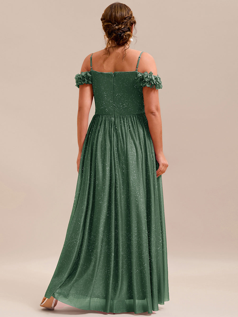 Sparkling V-Neck Floral Cold-Shoulder Evening Dress with Pleated #color_Eucalyptus