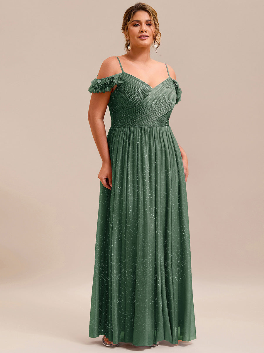 Sparkling V-Neck Floral Cold-Shoulder Evening Dress with Pleated #color_Eucalyptus