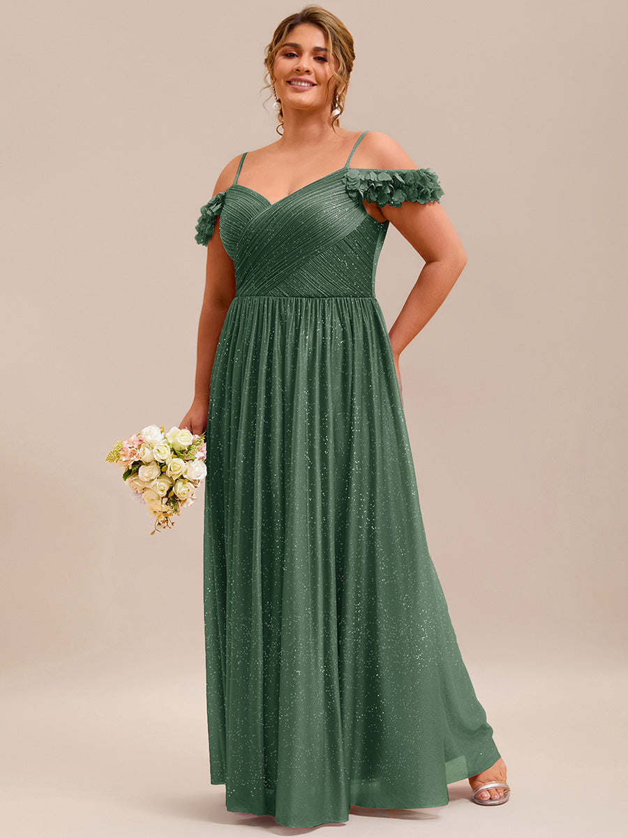 Sparkling V-Neck Floral Cold-Shoulder Evening Dress with Pleated #color_Eucalyptus
