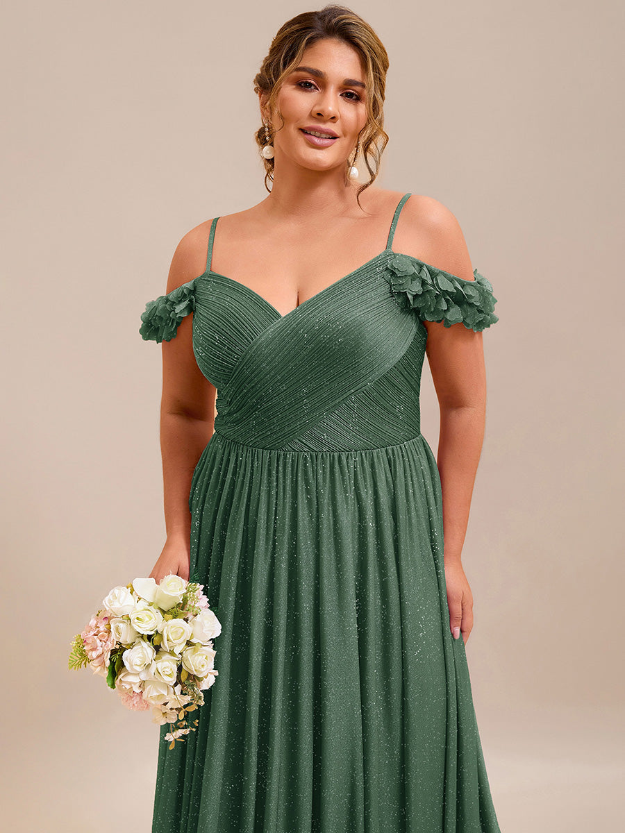 Sparkling V-Neck Floral Cold-Shoulder Evening Dress with Pleated #color_Eucalyptus