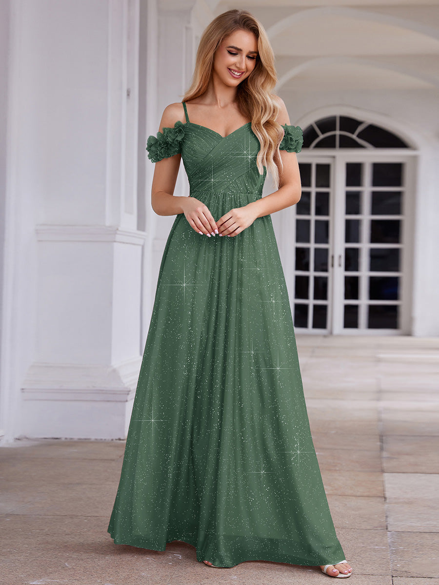 Sparkling V-Neck Floral Cold-Shoulder Evening Dress with Pleated #color_Eucalyptus