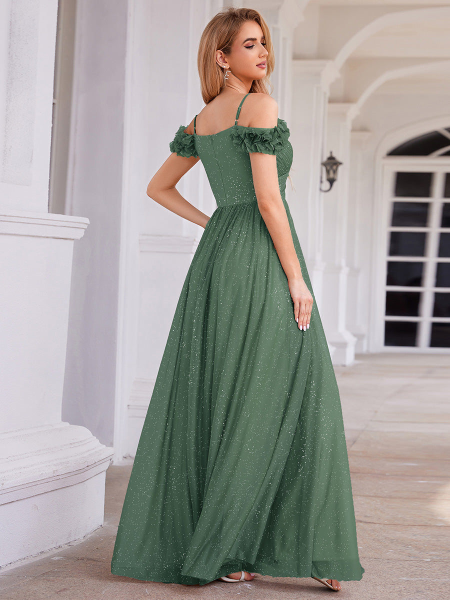 Sparkling V-Neck Floral Cold-Shoulder Evening Dress with Pleated #color_Eucalyptus