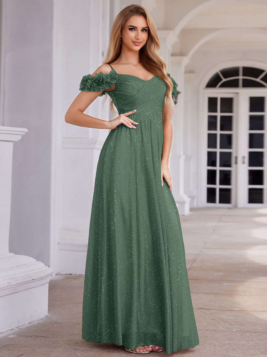 Sparkling V-Neck Floral Cold-Shoulder Evening Dress with Pleated #color_Eucalyptus