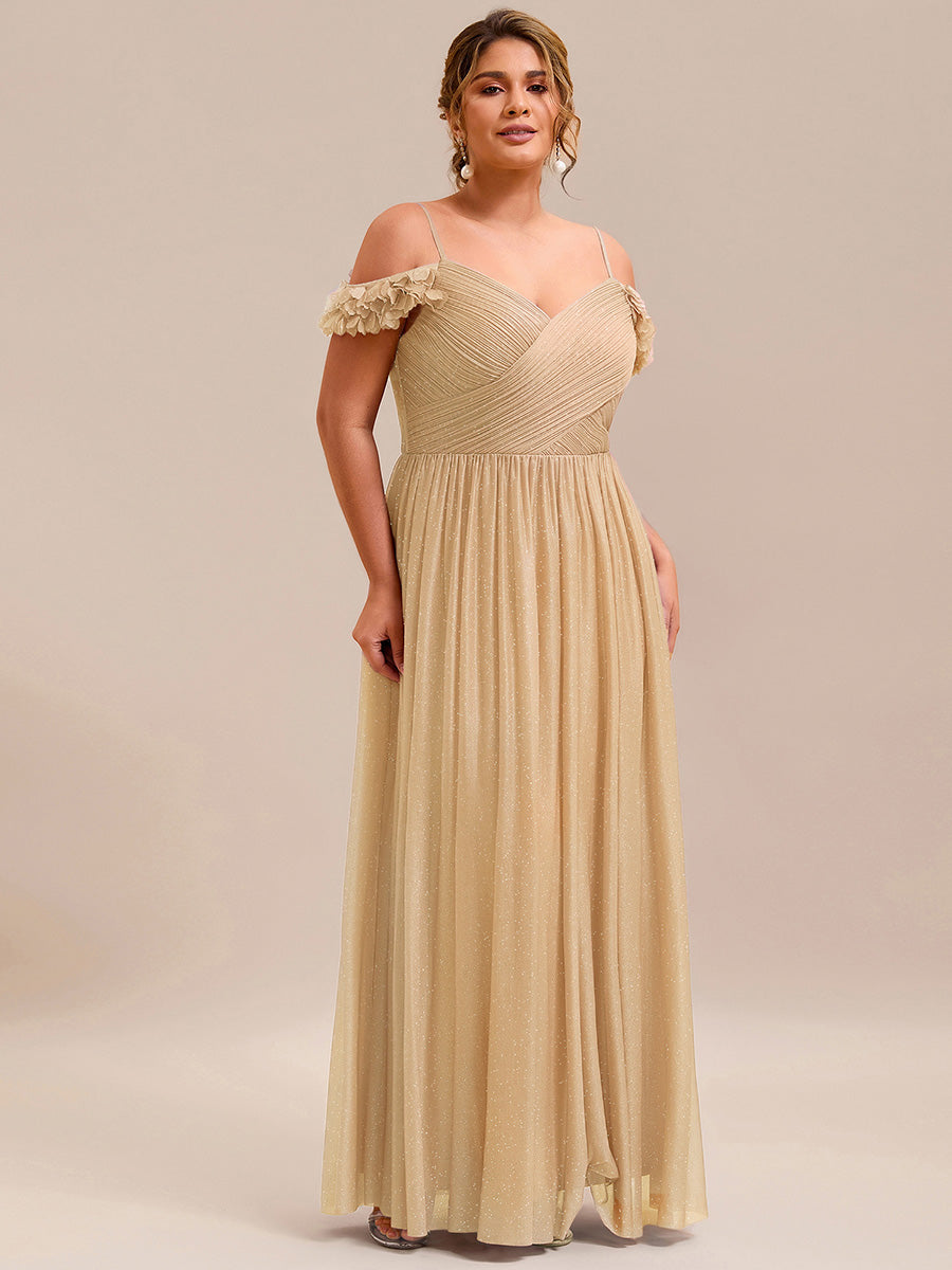Sparkling V-Neck Floral Cold-Shoulder Evening Dress with Pleated #color_Gold