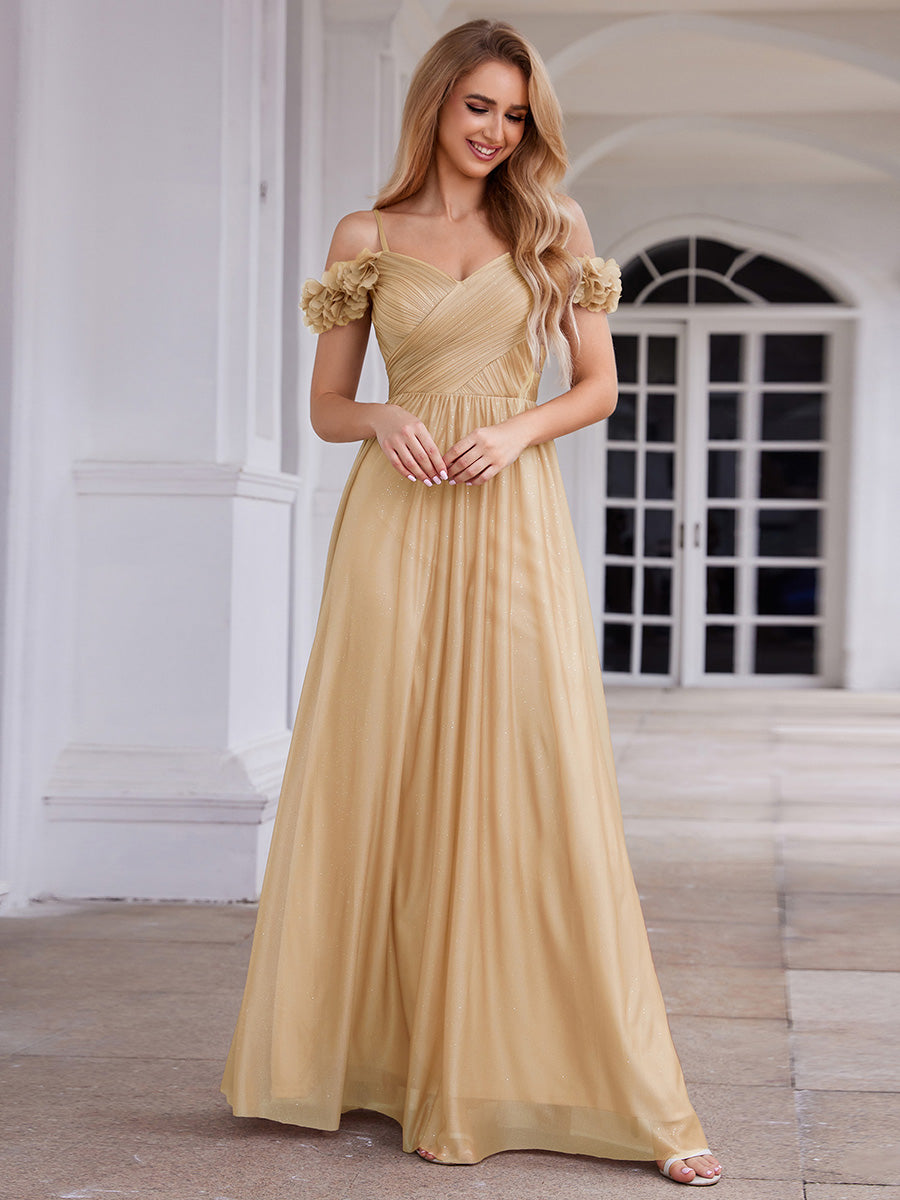Sparkling V-Neck Floral Cold-Shoulder Evening Dress with Pleated #color_Gold