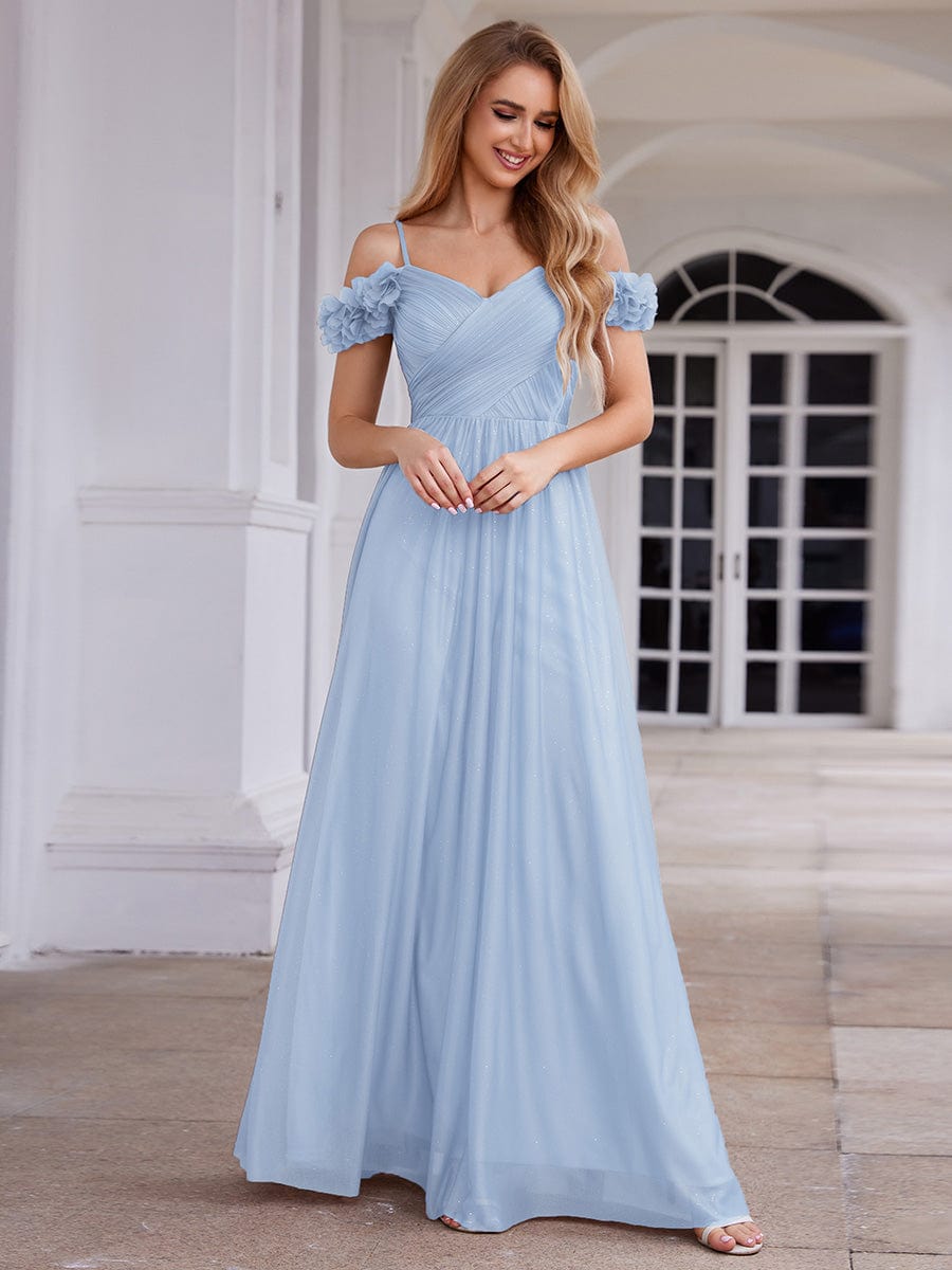 Sparkling V-Neck Floral Cold-Shoulder Evening Dress with Pleated #color_Ice Blue
