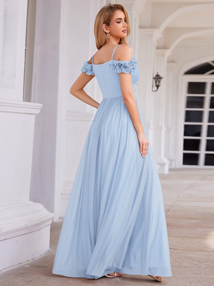 Sparkling V-Neck Floral Cold-Shoulder Evening Dress with Pleated #color_Ice Blue