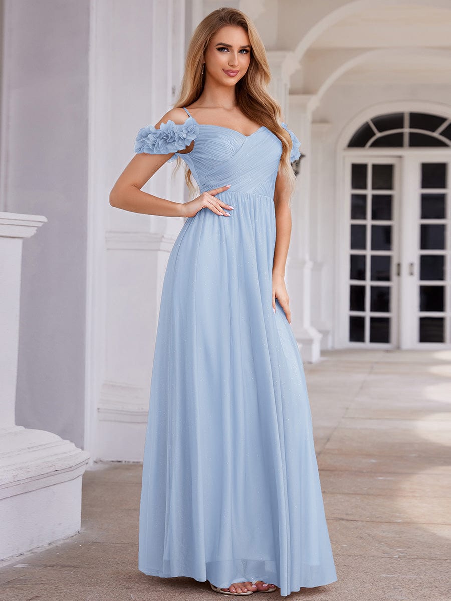 Sparkling V-Neck Floral Cold-Shoulder Evening Dress with Pleated #color_Ice Blue
