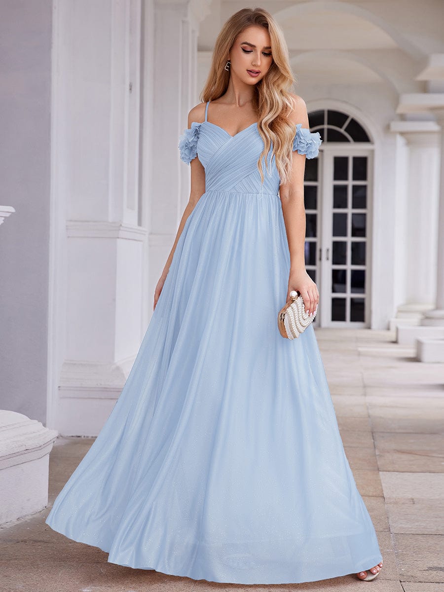 Sparkling V-Neck Floral Cold-Shoulder Evening Dress with Pleated #color_Ice Blue