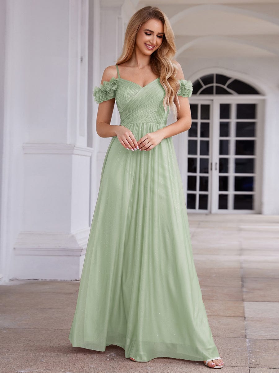 Sparkling V-Neck Floral Cold-Shoulder Evening Dress with Pleated #color_Mint Green