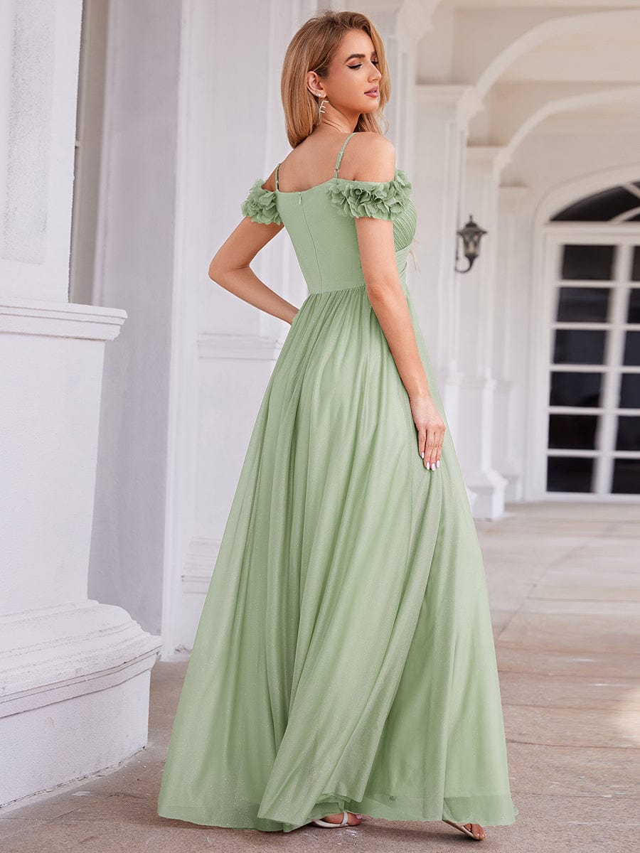 Sparkling V-Neck Floral Cold-Shoulder Evening Dress with Pleated #color_Mint Green