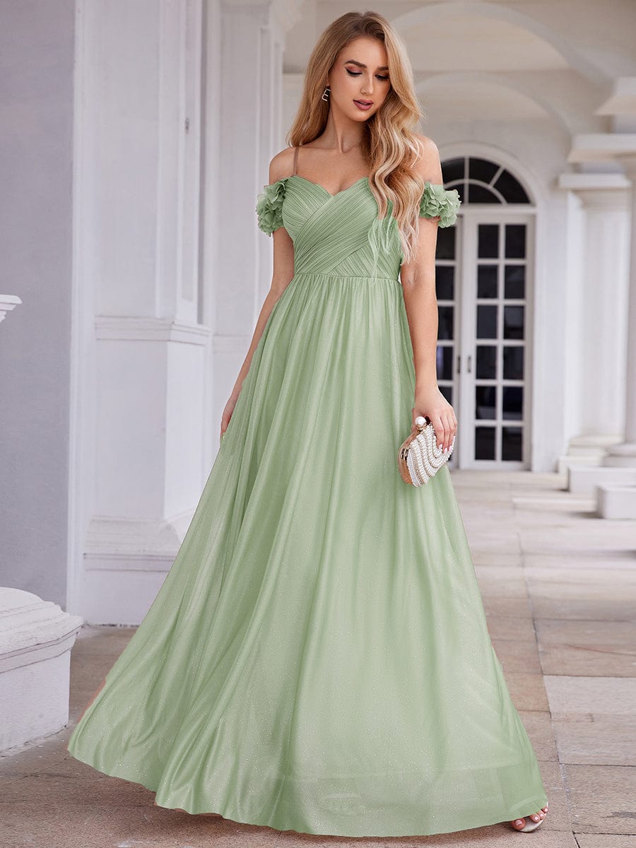Sparkling V-Neck Floral Cold-Shoulder Evening Dress with Pleated #color_Mint Green