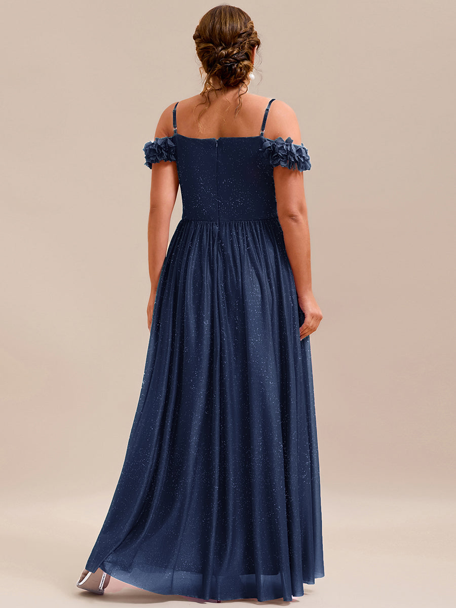 Sparkling V-Neck Floral Cold-Shoulder Evening Dress with Pleated #color_Navy Blue