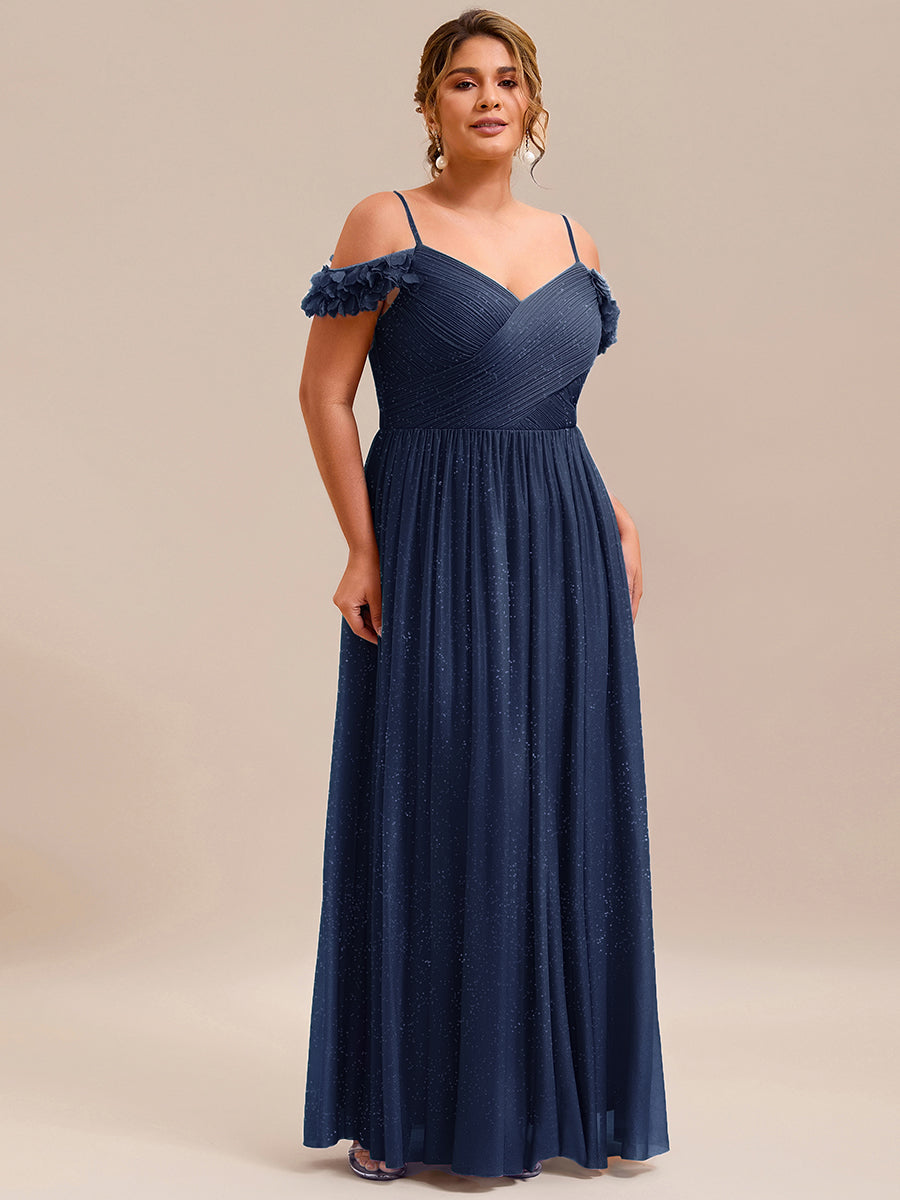 Sparkling V-Neck Floral Cold-Shoulder Evening Dress with Pleated #color_Navy Blue