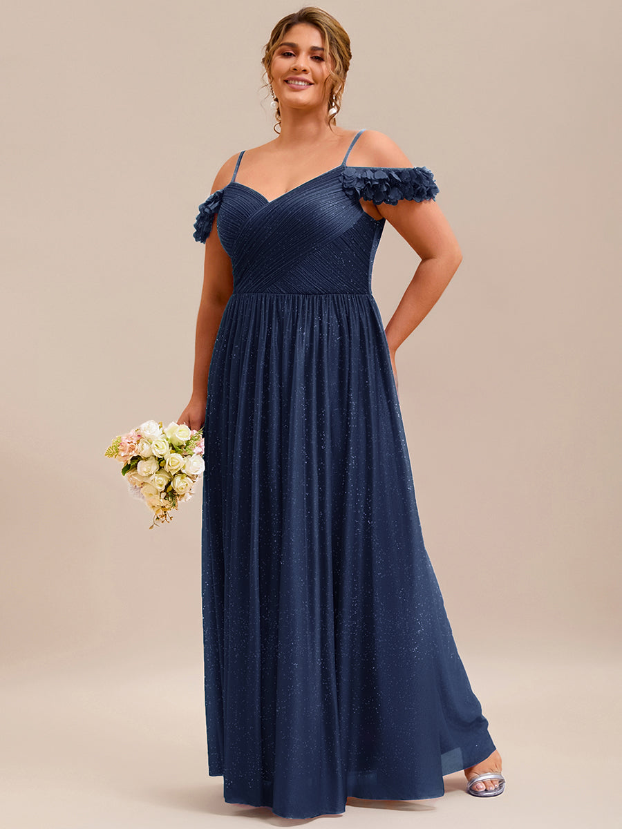 Sparkling V-Neck Floral Cold-Shoulder Evening Dress with Pleated #color_Navy Blue