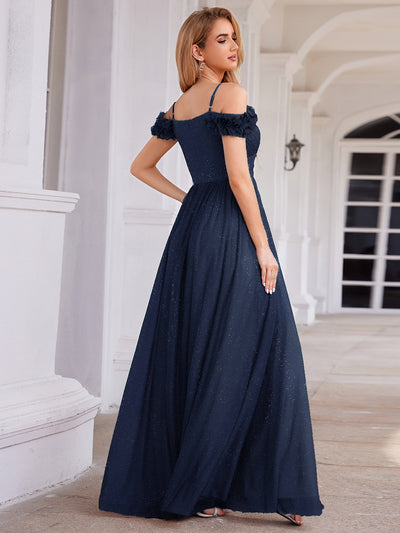 Sparkling V-Neck Floral Cold-Shoulder Evening Dress with Pleated #color_Navy Blue