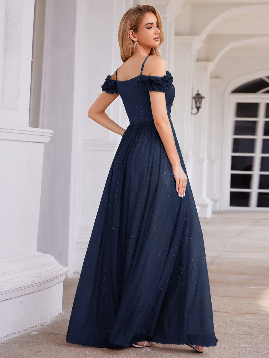 Sparkling V-Neck Floral Cold-Shoulder Evening Dress with Pleated #color_Navy Blue