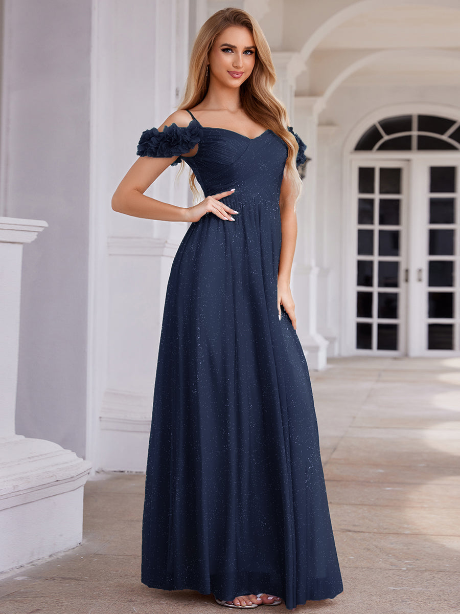 Sparkling V-Neck Floral Cold-Shoulder Evening Dress with Pleated #color_Navy Blue