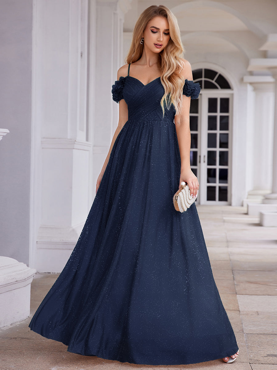 Sparkling V-Neck Floral Cold-Shoulder Evening Dress with Pleated #color_Navy Blue