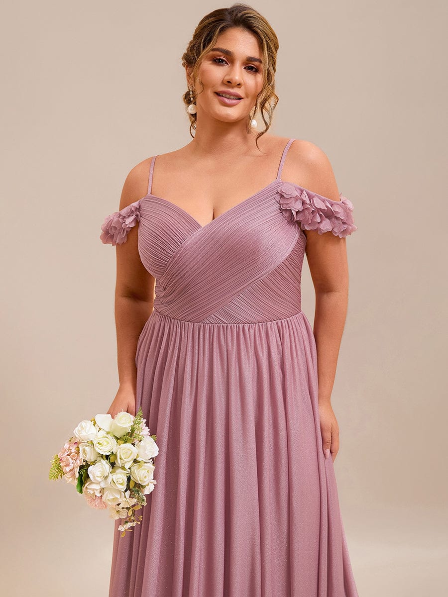 Sparkling V-Neck Floral Cold-Shoulder Evening Dress with Pleated #color_Purple Orchid