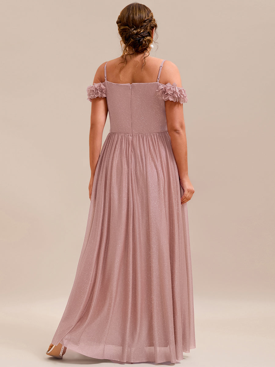 Sparkling V-Neck Floral Cold-Shoulder Evening Dress with Pleated #color_Pink