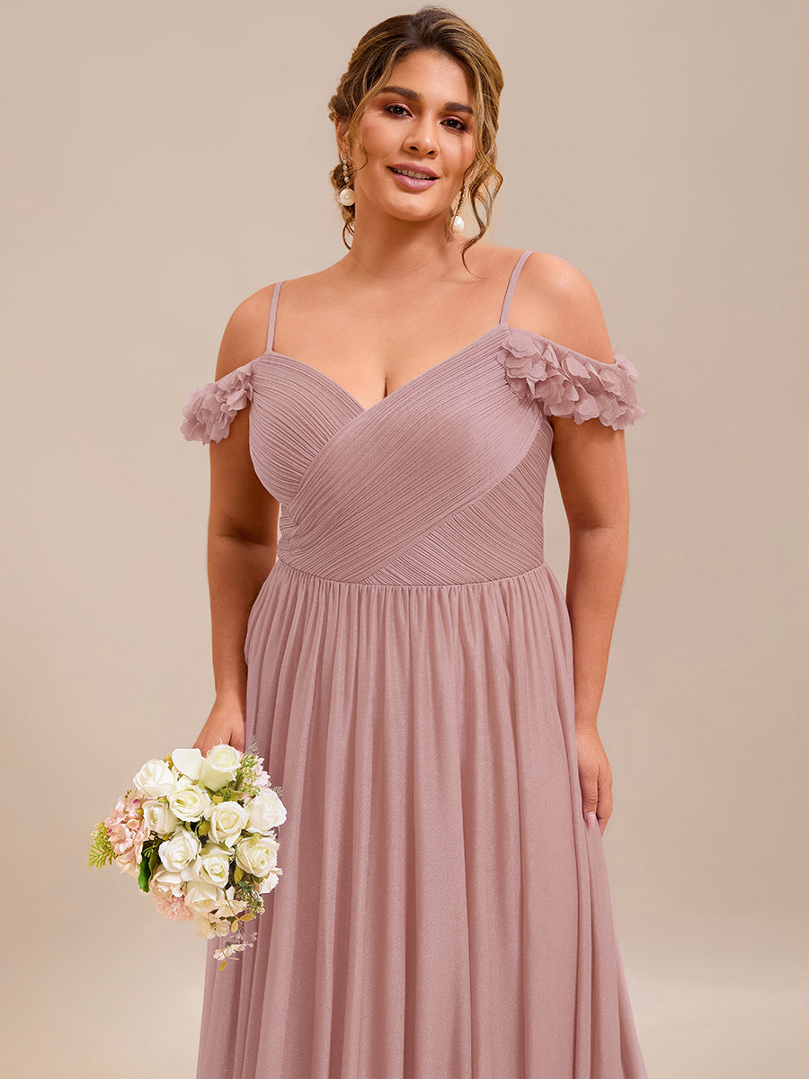 Sparkling V-Neck Floral Cold-Shoulder Evening Dress with Pleated #color_Pink