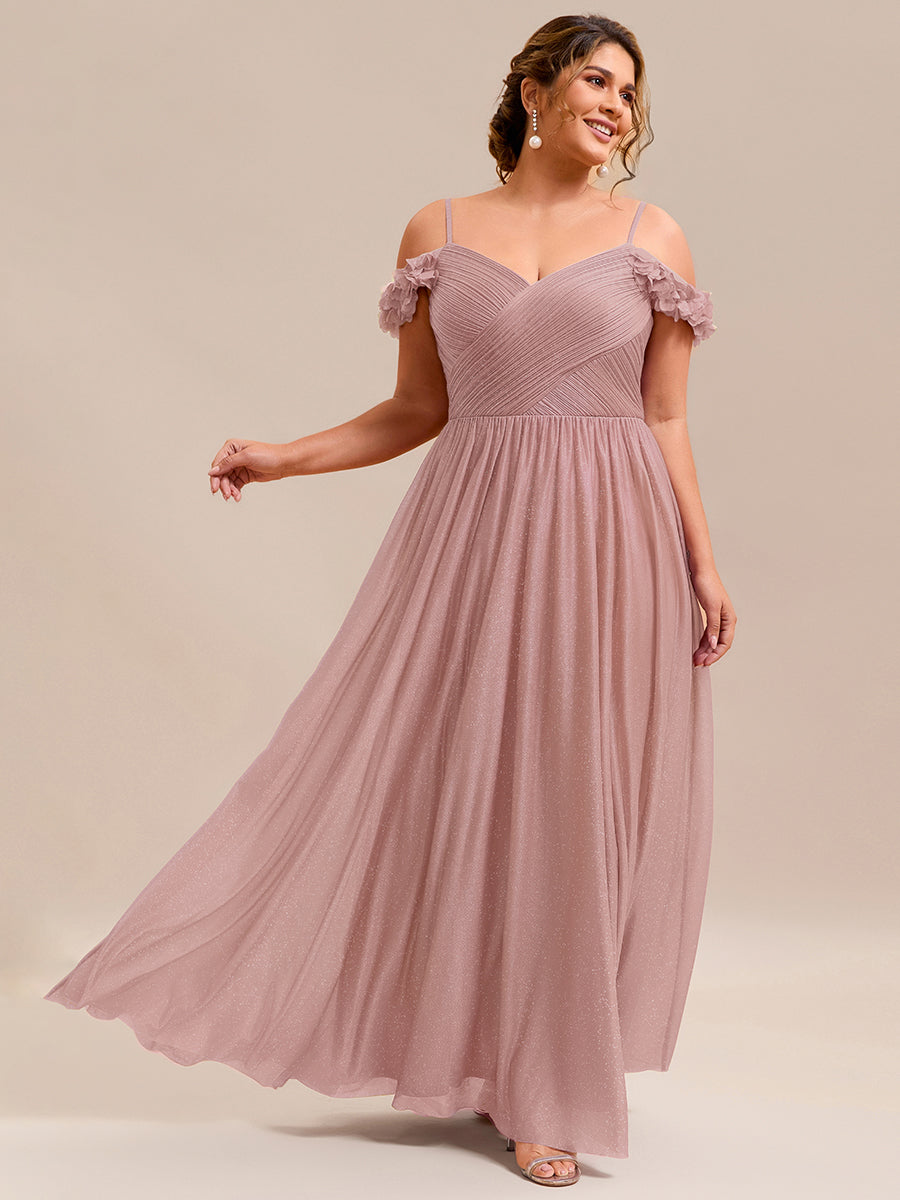 Sparkling V-Neck Floral Cold-Shoulder Evening Dress with Pleated #color_Pink