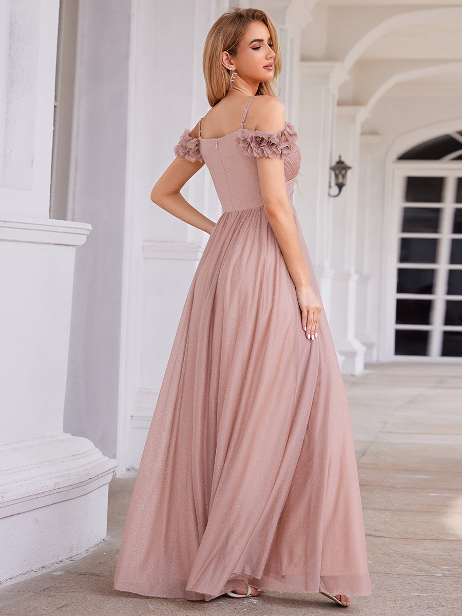 Sparkling V-Neck Floral Cold-Shoulder Evening Dress with Pleated #color_Pink