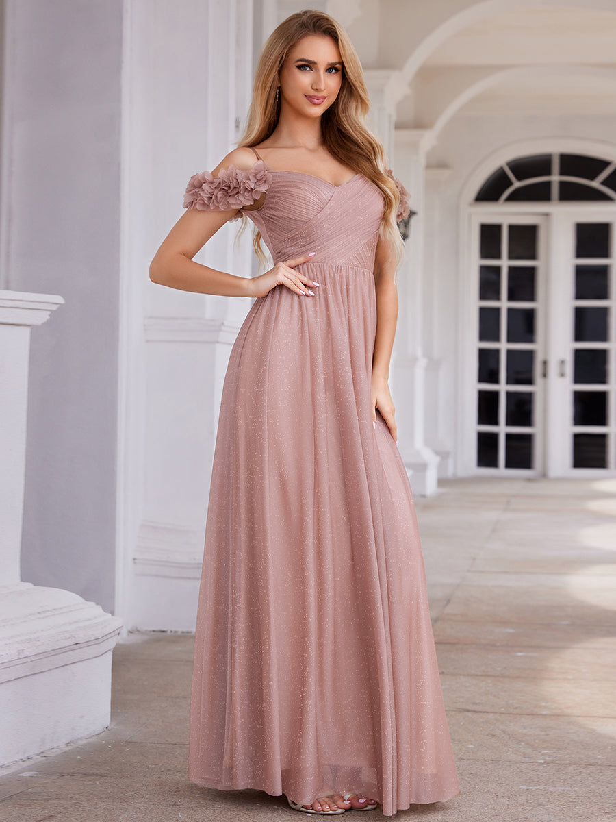 Sparkling V-Neck Floral Cold-Shoulder Evening Dress with Pleated #color_Pink