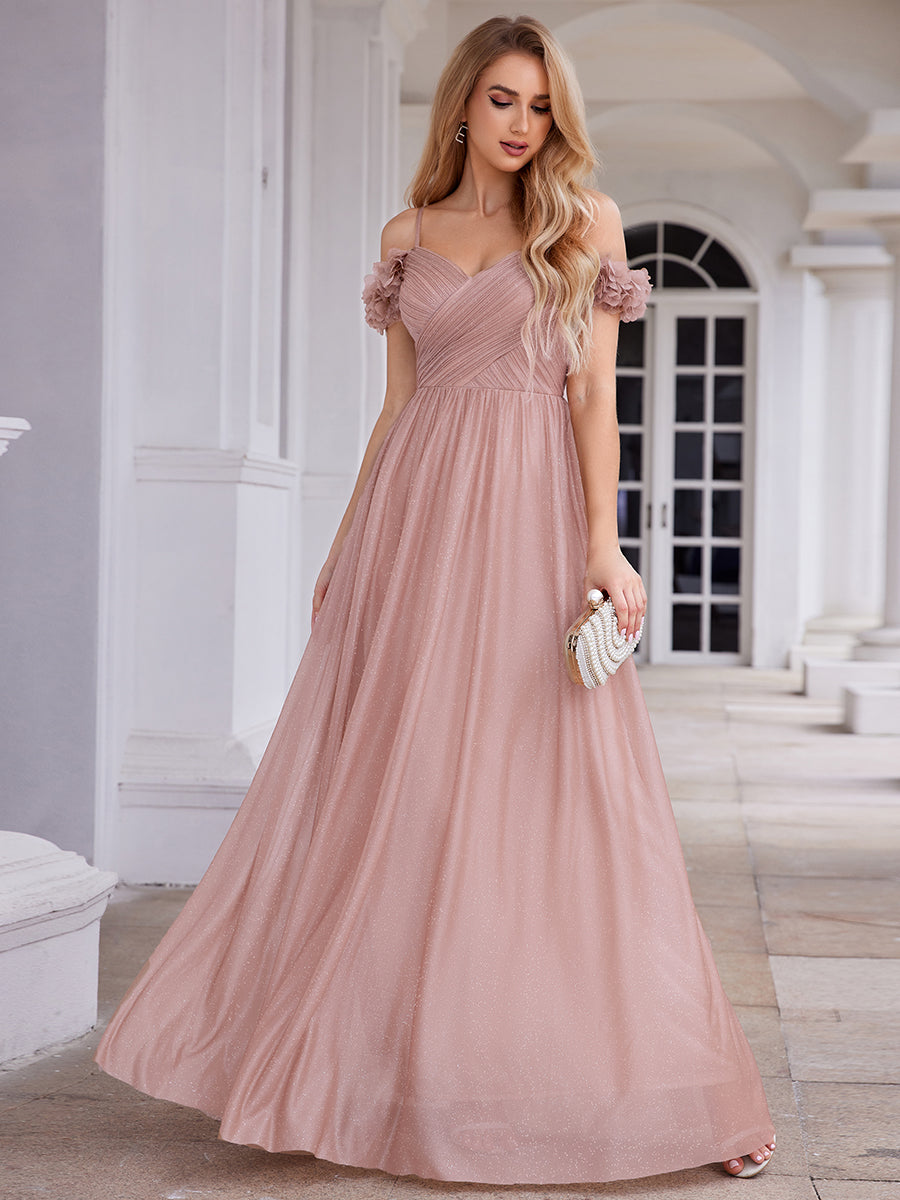 Sparkling V-Neck Floral Cold-Shoulder Evening Dress with Pleated #color_Pink
